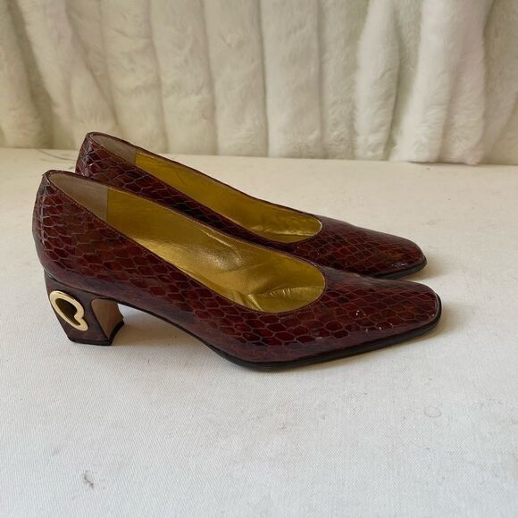VTG Timothy Hitsman leather brown snake skin print gold tone heart heels… - Picture 1 of 11